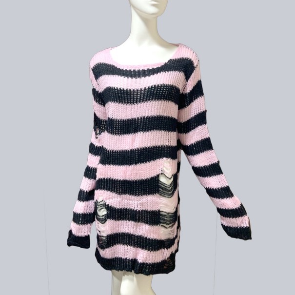 Lange gestreepte damestrui met scheuren roze