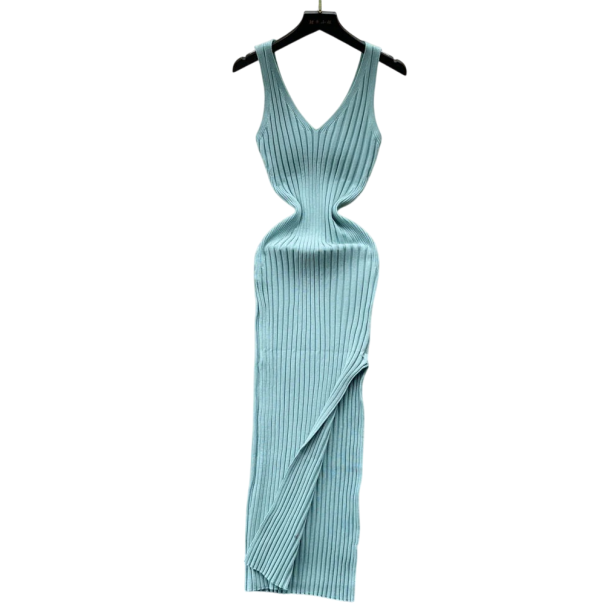 Lange mouwloze geribbelde jurk met V-hals Elegante getailleerde gebreide jurk voor werk en vrije tijd turquoise