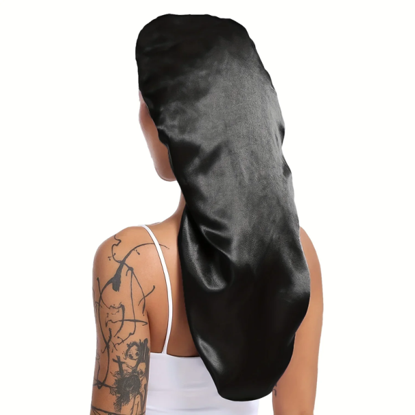 Lange Satin-Schlafmütze, 30 x 66 cm, Seiden-Nachtmütze für Damen mit lockigem Haar, Dreadlocks und Zöpfen, Universalgröße 50-66 cm schwarz