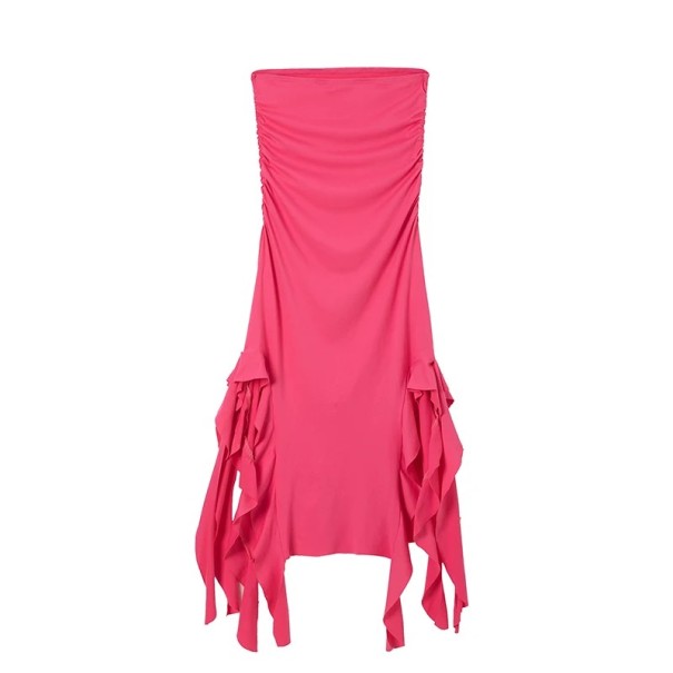 Lange strapless avondjurk met asymmetrische ruche zoom en hoge splitten Elegante getailleerde formele jurk donkerroze S