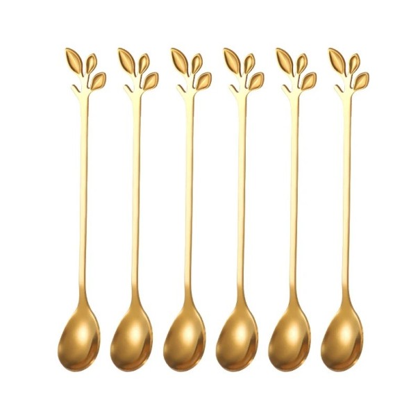 Lange theelepel van roestvrij staal Decoratieve bladvormige handgreep Dessertlepels voor koffie thee ijs fruit Elegante bestek 6 stuks goud