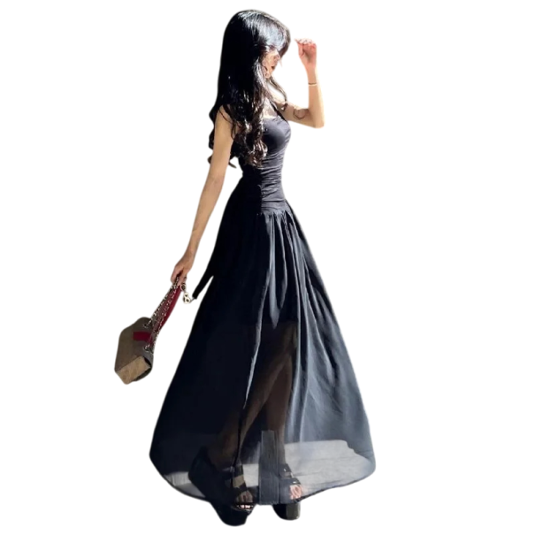 Lange zwarte maxi-jurk met geplooid lijfje Jurk met brede bandjes Lichte, luchtige rok Elegante zomerjurk voor wandelingen, avonden en vakantie XL