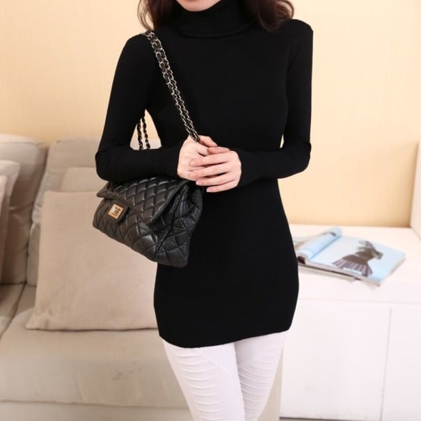 Langer elastischer Rollkragenpullover für Damen schwarz XS
