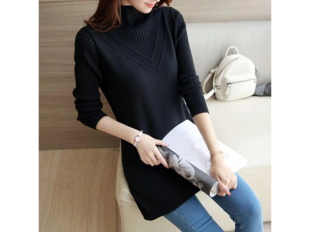 Langer gestrickter Rollkragenpullover für Damen schwarz L