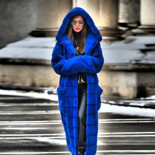 Langer Kunstpelzmantel für Damen P2179 blau M