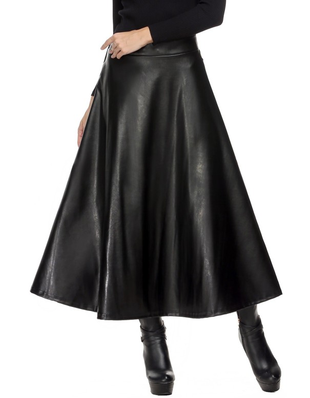 Langer Lederrock für Damen schwarz XXL