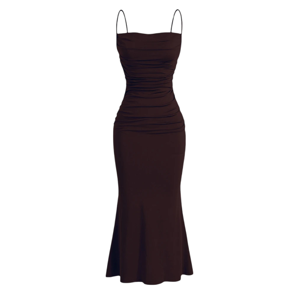 Langes Abendkleid mit dünnen Trägern, plissiertem Oberteil, elastischem Material, ausgestelltem Saum, taillierter Schnitt, eleganter Stil braun XXL