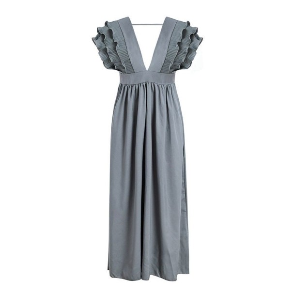 Langes Abendkleid mit Rüschen grau M