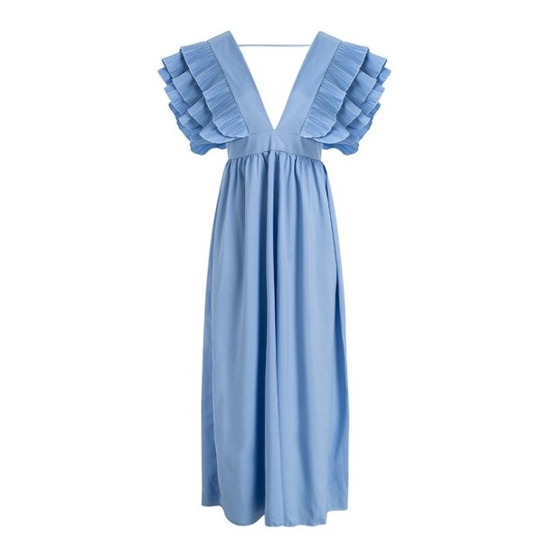 Langes Abendkleid mit Rüschen hellblau L