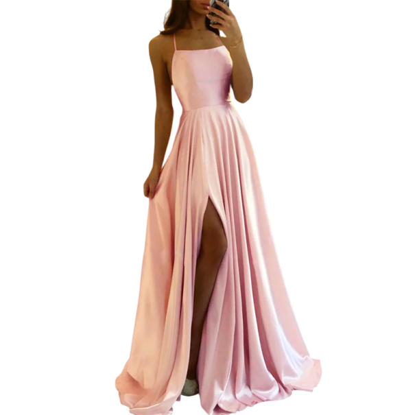Langes Abendkleid mit Schlitz Glattes Satin-Finish Schnürung am Rücken Elegantes Abendkleid für Abschlussball, Hochzeit, Gala rosa L