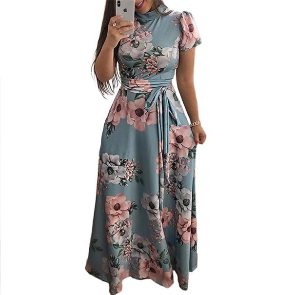 Langes Damenkleid mit Blumen hellblau XL