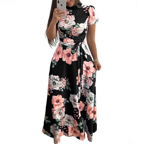 Langes Damenkleid mit Blumen schwarz L