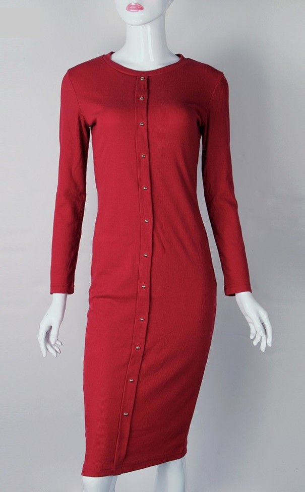 Langes Damenkleid mit Knöpfen J2813 weinrot M