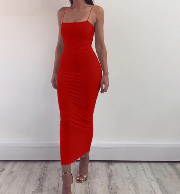 Langes Damenkleid mit Trägern rot M