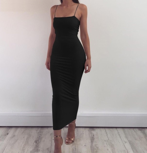 Langes Damenkleid mit Trägern schwarz XS