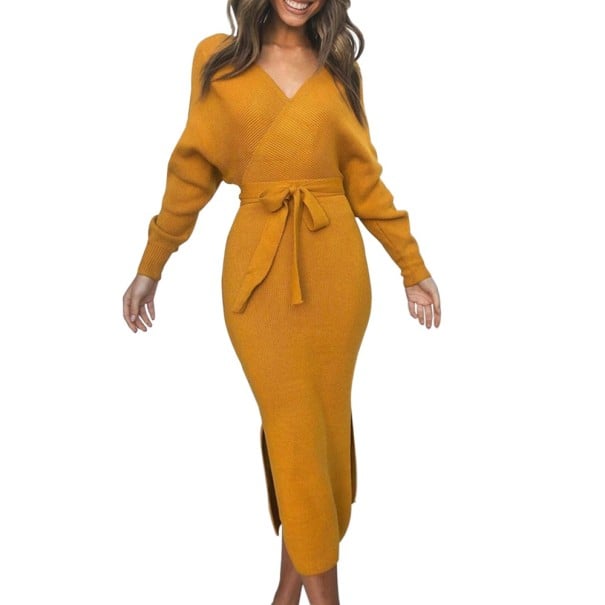Langes Herbstkleid A2774 ocker XL