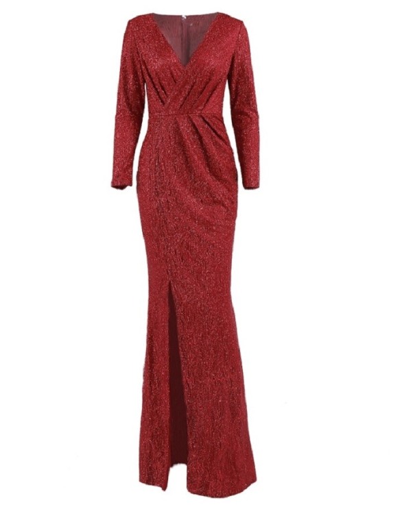 Langes Kleid mit Pailletten weinrot XXS