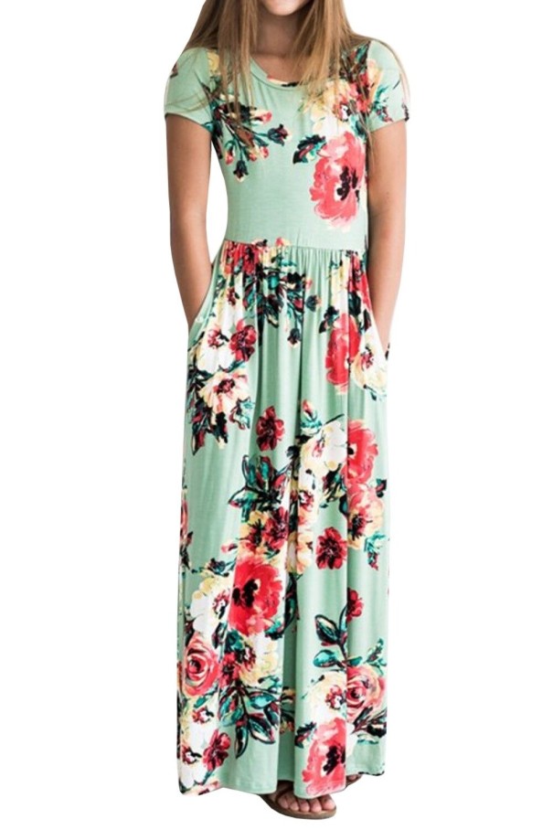 Langes Mädchenkleid mit Blumen hellgrün 2