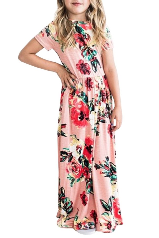 Langes Mädchenkleid mit Blumen rosa 2
