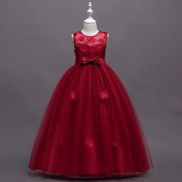 Langes Mädchenkleid mit Blumen und Schleife J2901 weinrot 10