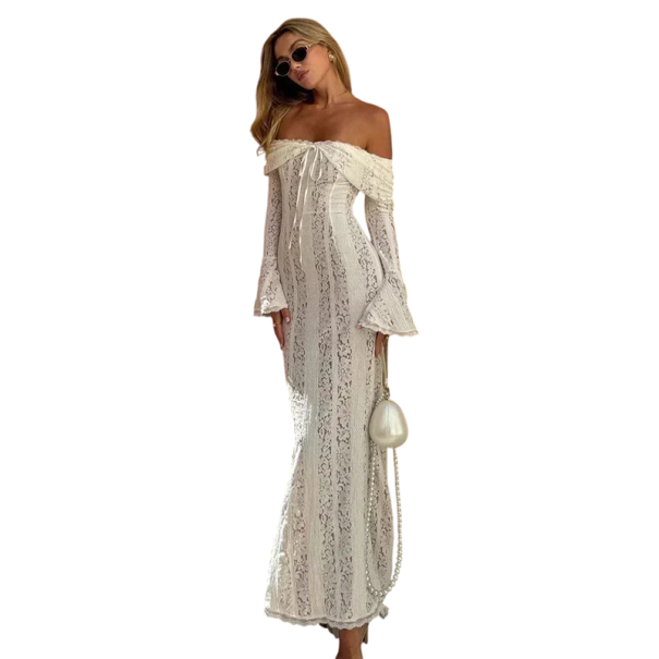 Langes Spitzenkleid mit freiliegenden Schultern und langen Ärmeln Transparentes Kleid im romantischen Stil mit Schnürung und ausgestellten Ärmeln Elegantes Design M