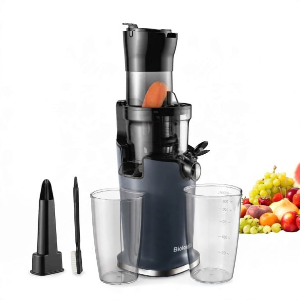 Langsame Saftpresse BioloMix SJ-017 200 W mit Einfüllöffnung 78 mm Kaltpressen Schneckenpressen Dunkelgrau Für ganze Früchte und Gemüse 1