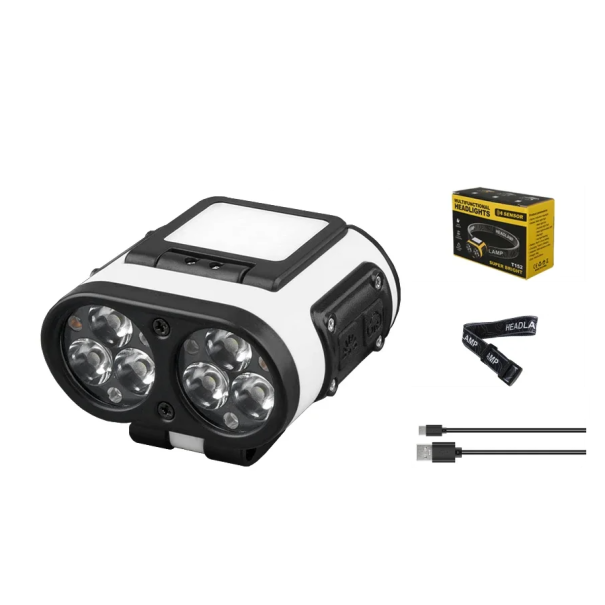 Lanterna frontal LED recarregável com cabo USB C 1500 mAh IPX4 à prova de água 5 modos de luz Correia elástica removível material ABS PC 55x60x35 mm branco