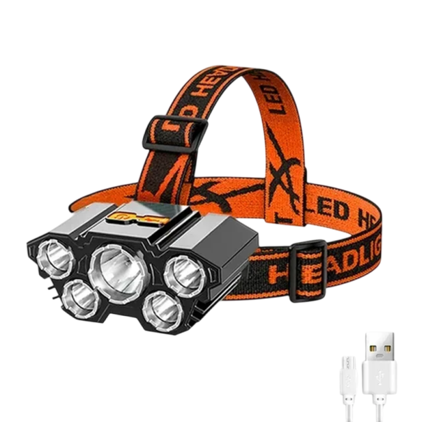 Lanterna frontal potente com 5 LEDs Lanterna frontal recarregável com carregamento USB Cabeça rotativa a 90° Correia elástica ajustável para a cabeça 1