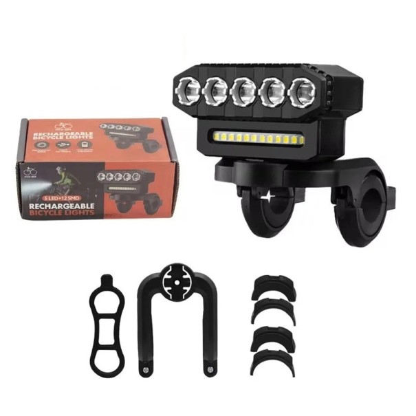 Lanterna LED dianteira para bicicleta 13,8 x 4 x 5,1 cm Recarregável USB-C 2000 mAh Powerbank Lanterna 5 LED 12 SMD 6 modos À prova de água IP44 Segurança para bicicleta 1