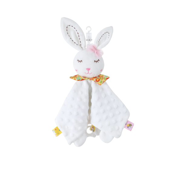 Lapin blanc hochet pour enfants avec anneau de dentition et crochet de suspension, dimension 28x28 cm, idéal pour apaiser et développer les sens 1