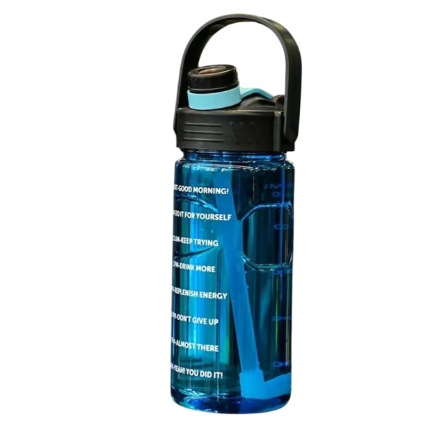 Large Capacity Sports Water Bottle 2 L with Straw Time Indicator Motivational Fitness Bottle BPA Free Drinking Bottle with Handle and Strap blue