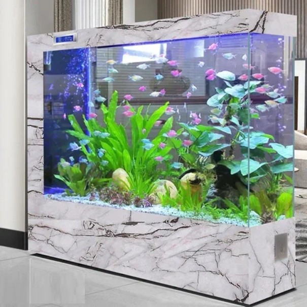 Large Freestanding Aquarium 130 x 35 x 130 cm Rectangular Home Aquarium with Marble Pattern LED Lighting Filtration Display Ecological Partition grey