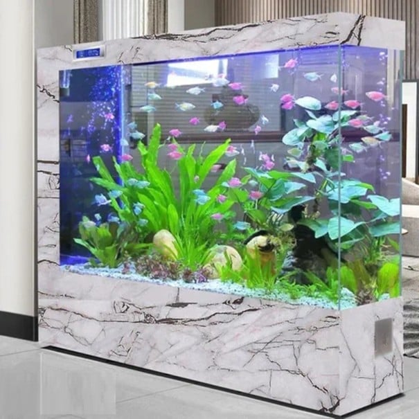Large Freestanding Aquarium 180 x 35 x 130 cm Rectangular Home Aquarium with Marble Pattern LED Lighting Filtration Display Eco Partition grey