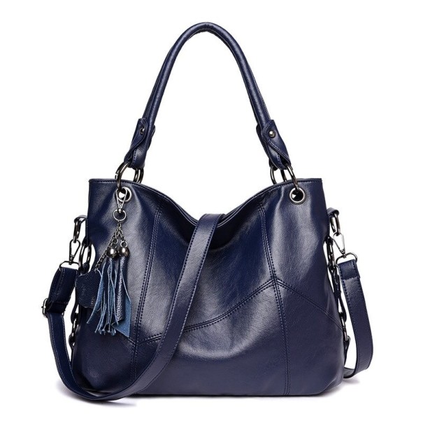 Large women's handbag for hand and shoulder 37 x 27 x 14 cm With a top handle and detachable strap Decorative tassel and decorative seams dark blue