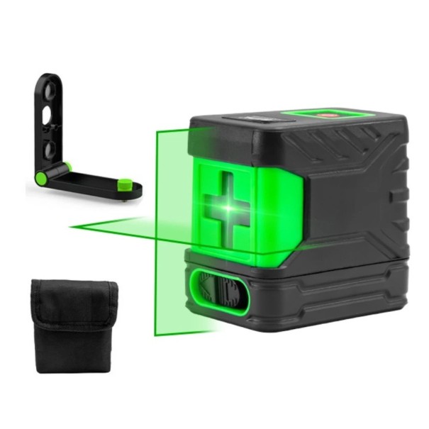 Lasernivå HILDA 2 linjer Grön stråle Självnivellerande Precisionsmätning Set med vägg-L-fäste och skyddsfodral 1