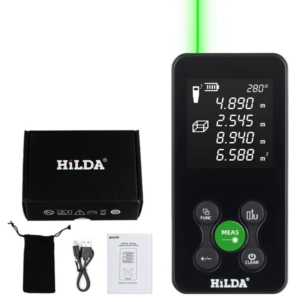 Laserový diaľkomer HILDA 50 m s LCD displejom, meraním plochy, objemu a Pythagorovou funkci 1