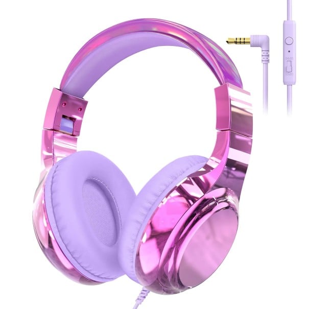 Lasten kaapelikuulokkeet päähineellä 85/94 dB äänenvoimakkuuden rajoitus 3,5 mm jack mikrofonilla taittuvalla rakenteella kouluun tai matkustamiseen vaaleanpunainen