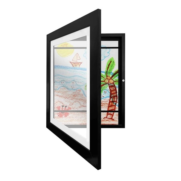 Lasten kehys magneettisella avauksella 21x30 cm Kehys piirustuksille ja kuville Vaihdettava puukehys akryylillä lasten julisteille musta