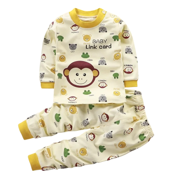 Lasten keltainen setti eläinkuvioilla pitkähihaisella paidalla ja joustohousuilla Unisex puuvillainen mukava asu 2