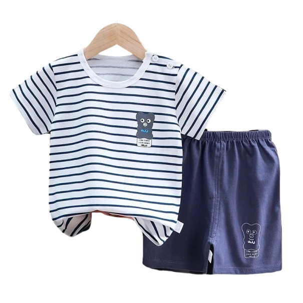 Lasten kesäsetti unisex Puuvillainen raidallinen t-paita lyhyillä hihoilla Karhun painatus Siniset shortsit Mukava vaatteet 12-18 kuukautta