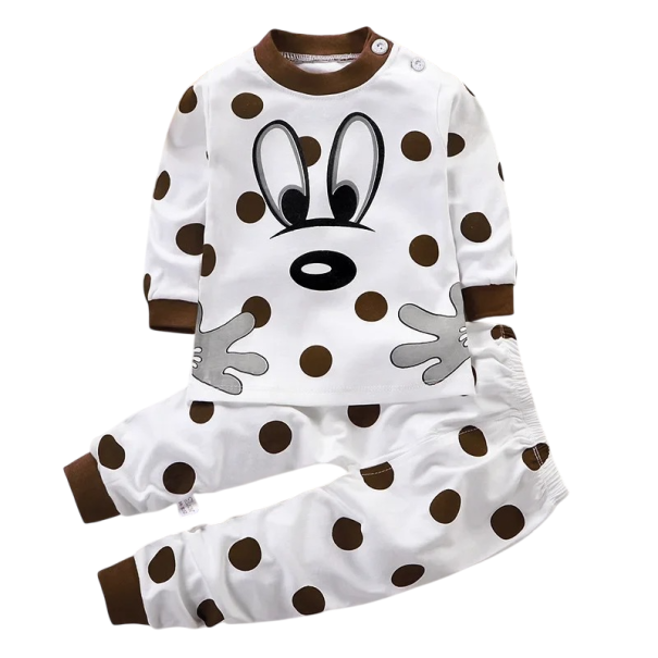 Lasten valkoinen setti dalmatialaiskuvalla pitkähihaisella paidalla ja joustohousuilla Unisex puuvillainen mukava asu 7