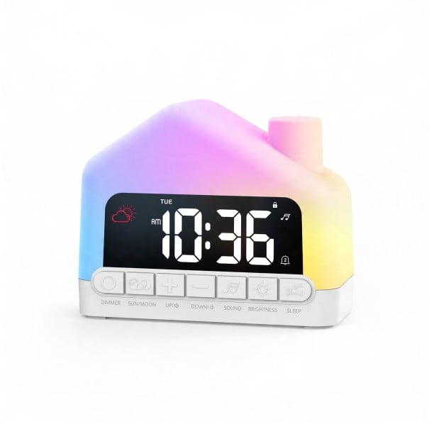 Lasten valoa herättävä kello talomallinen RGB-yövalo 13,5 x 6,65 x 10,9 cm Valolla herättäminen Kaksi herätystä Lastensuoja Valkoinen Lastenhuoneeseen 1