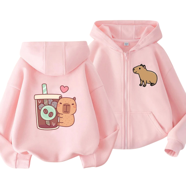 Lasten vetoketjullinen huppari Kawaii kapybara -kuvio Polyesteri Yksivärinen huppari taskuilla Manga-tyyli pojille ja tytöille vaaleanpunainen 5
