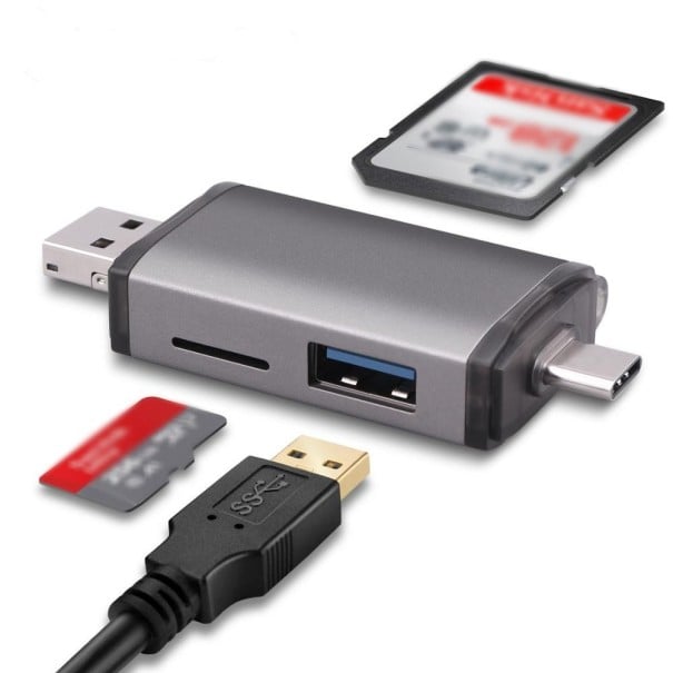 Lector de tarjetas de memoria 3 en 1 con puerto USB 3.0 Conectores USB-C Micro USB y USB-A Para tarjetas SD y Micro SD Cuerpo de aleación de aluminio 1