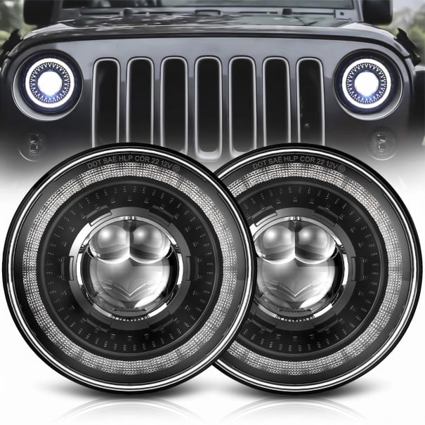 LED Headlights with High and Low Beams, Halo DRL and Indicator 7" 176 mm Projector PMMA/PC 60W IP67 Black for Lada Niva 4x4 1