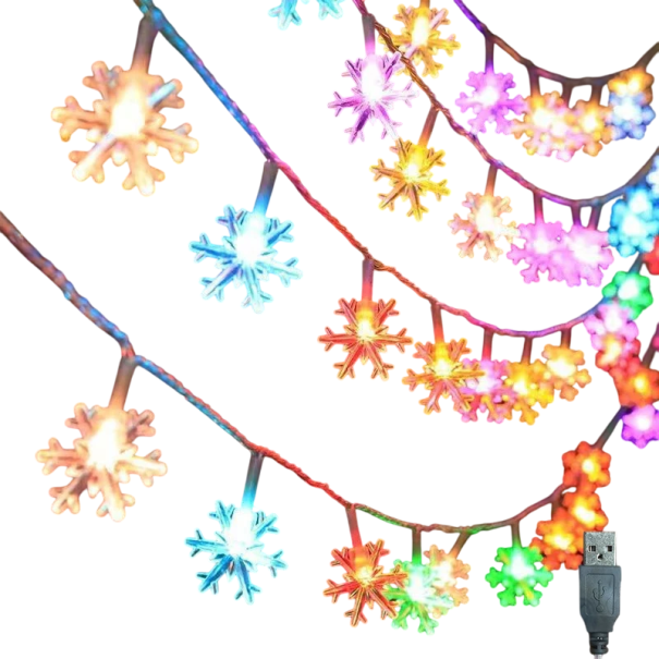 LED Light Chain 6 m with 40 Multicoloured Snowflakes USB Powered Christmas Decoration Interior Lighting for Home Windows Tree 1