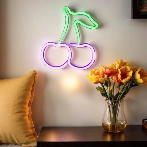 LED neon fali dekoráció 22,5 x 19,5 cm Cseresznye neon stílusban Világító fali dekoráció USB-ről vagy 3 db AA elemről működtethető lila