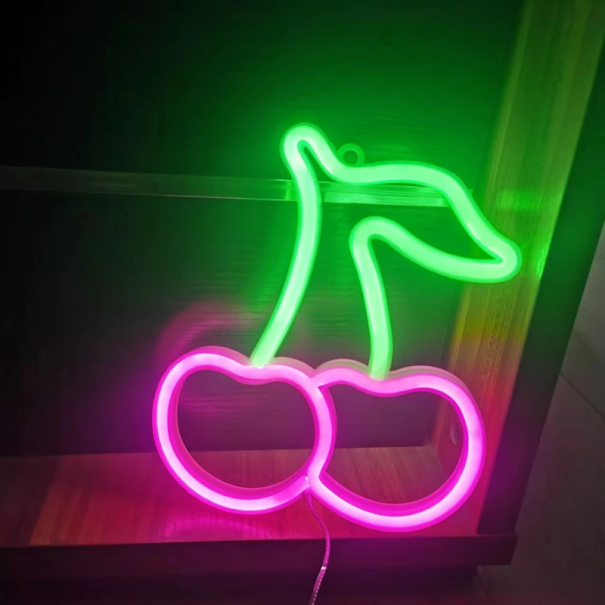 LED neon fali dekoráció 22,5 x 19,5 cm Cseresznye neon stílusban Világító fali dekoráció USB-ről vagy 3 db AA elemről működtethető rózsaszín
