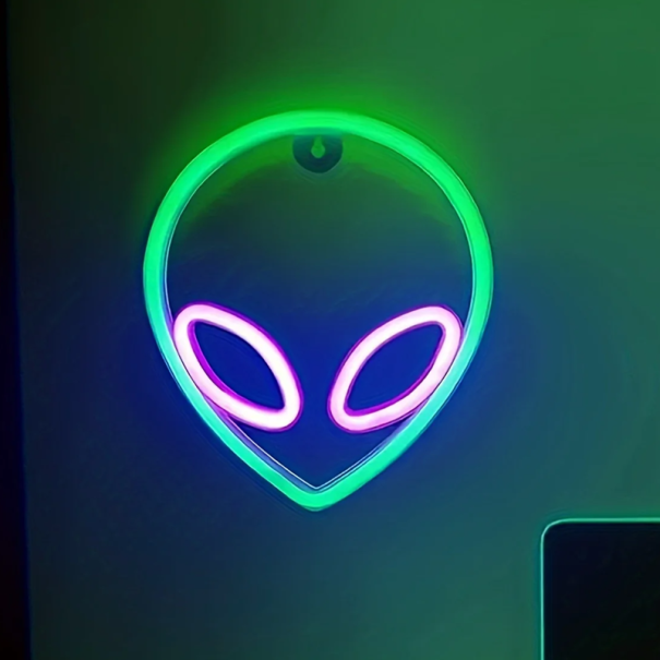 LED neon fali dekoráció 22 x 19,5 cm Földönkívüli fej Világító motívum a falon USB vagy 3x AA elem Sci-fi dekoráció zöld