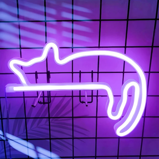 LED neon fali dekoráció 27 x 20,5 cm Világító macska USB vagy 3x AA elem Világító dekoráció macska formájában lila